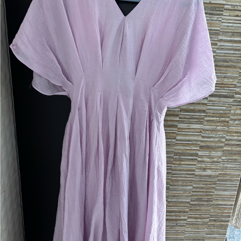 Purple A-line Midi Dress with V-neck and Dolman Sleeves for Wedding Guest
